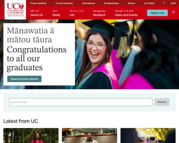 screenshot of University of Canterbury website