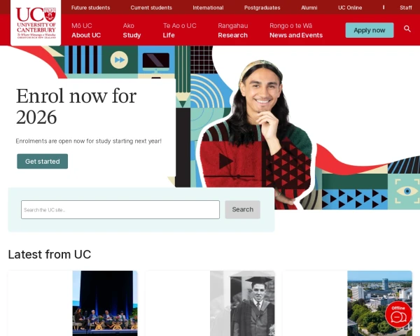 screenshot of University of Canterbury website