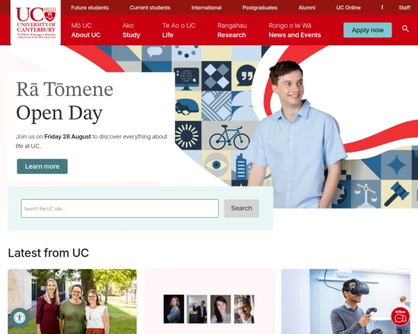 screenshot of University of Canterbury website