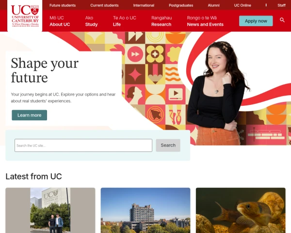 screenshot of University of Canterbury website