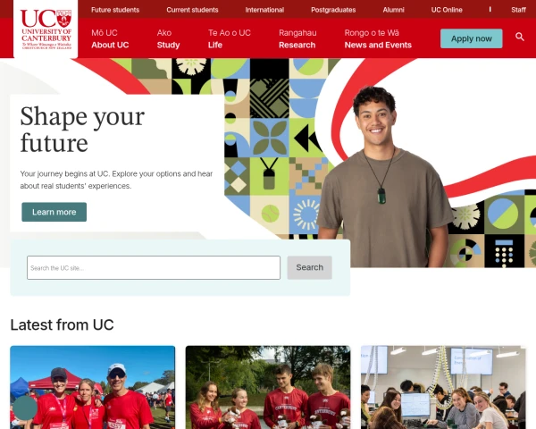screenshot of University of Canterbury website