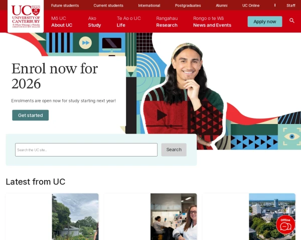 screenshot of University of Canterbury website