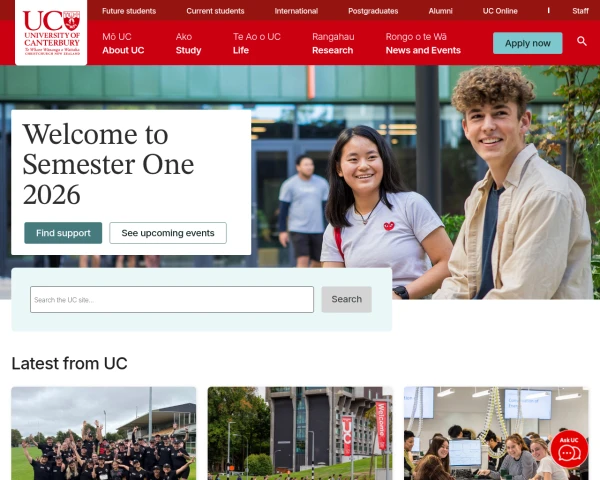 screenshot of University of Canterbury website