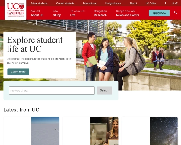screenshot of University of Canterbury website