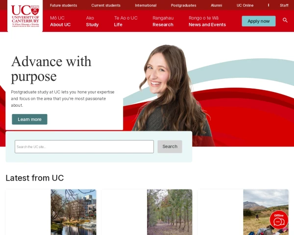 screenshot of University of Canterbury website