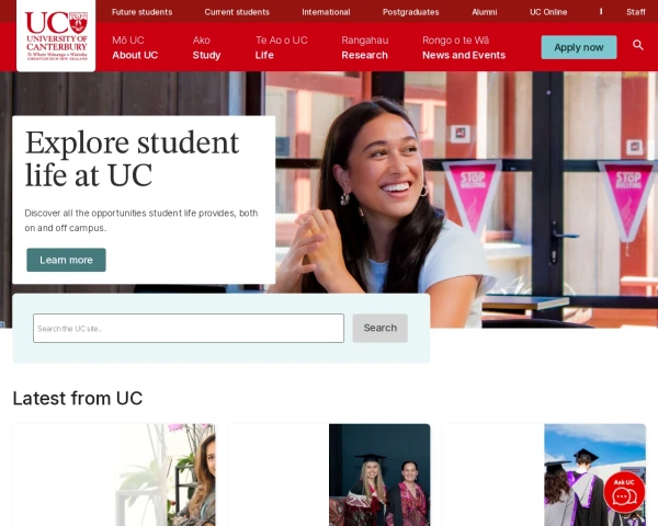 screenshot of University of Canterbury website