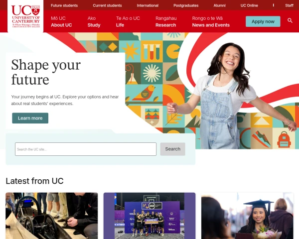 screenshot of University of Canterbury website