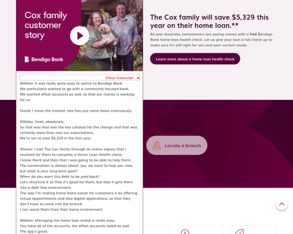 screenshot of Bendigo Bank website