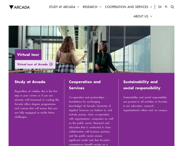 screenshot of Arcada University of Applied Sciences website