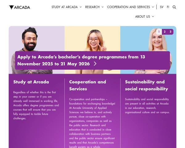 screenshot of Arcada University of Applied Sciences website