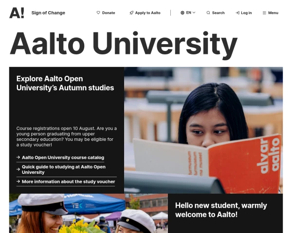 screenshot of Aalto University website