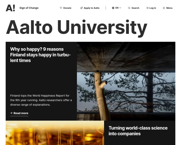 screenshot of Aalto University website