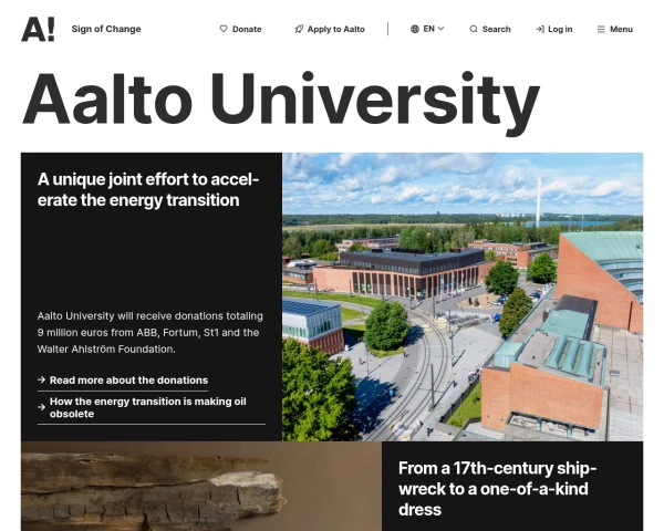 screenshot of Aalto University website