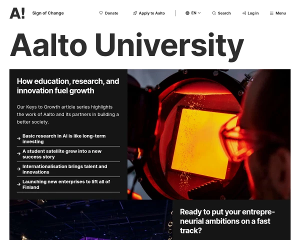 screenshot of Aalto University website