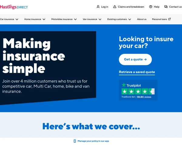 screenshot of Hastings Direct website