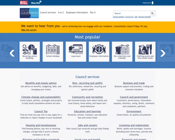 screenshot of South Lanarkshire Council website