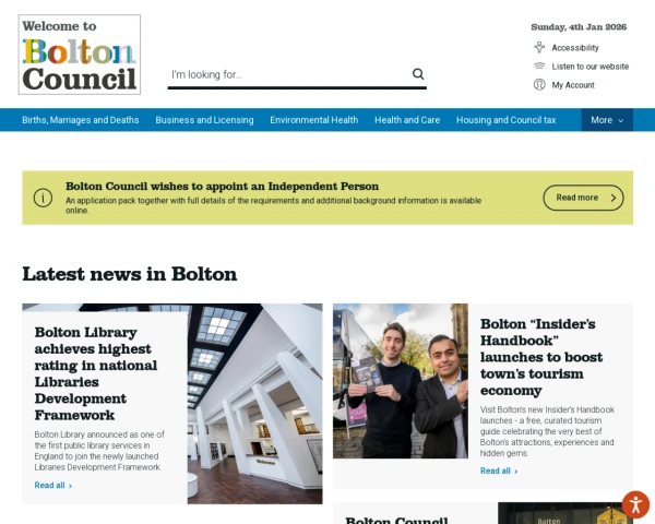 screenshot of Bolton Metropolitan Borough Council website