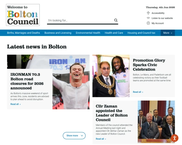 screenshot of Bolton Metropolitan Borough Council website