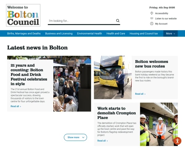 screenshot of Bolton Metropolitan Borough Council website