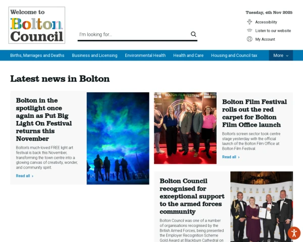 screenshot of Bolton Metropolitan Borough Council website
