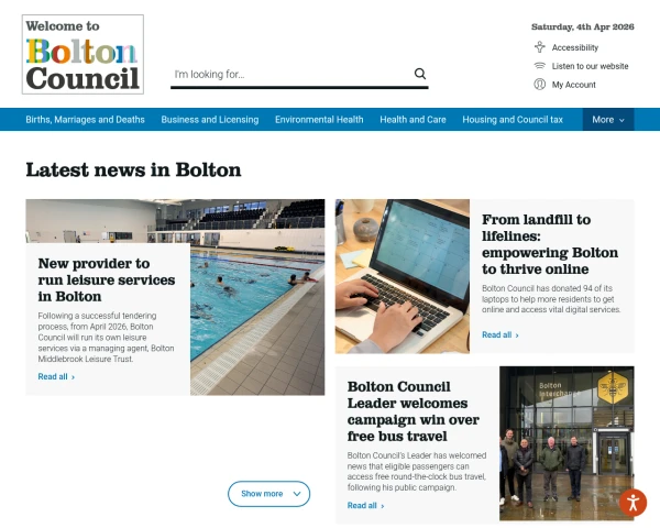 screenshot of Bolton Metropolitan Borough Council website