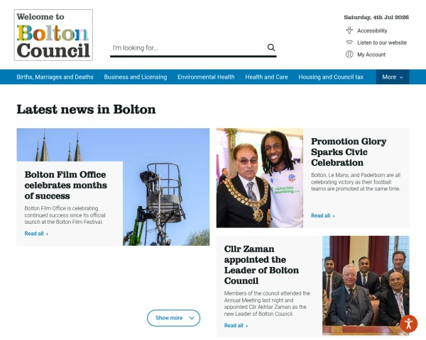 screenshot of Bolton Metropolitan Borough Council website