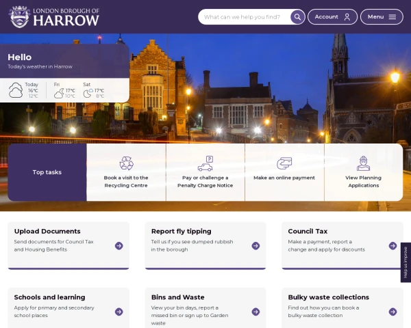 screenshot of London Borough of Harrow Council website