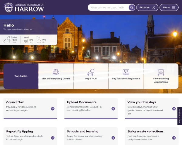 screenshot of London Borough of Harrow Council website