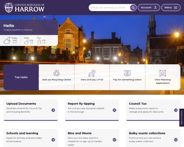 screenshot of London Borough of Harrow Council website