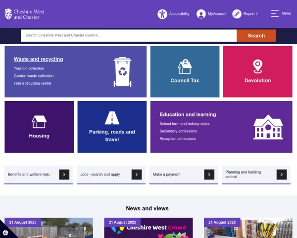 screenshot of Cheshire West and Chester Council website