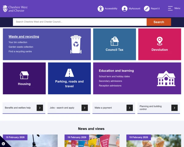 screenshot of Cheshire West and Chester Council website