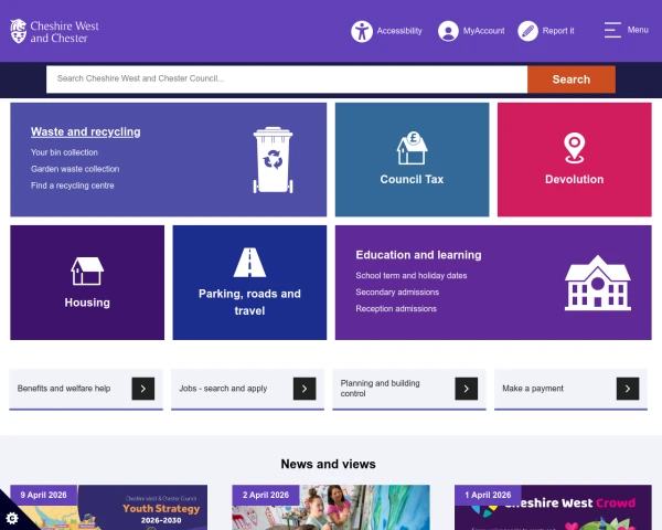 screenshot of Cheshire West and Chester Council website