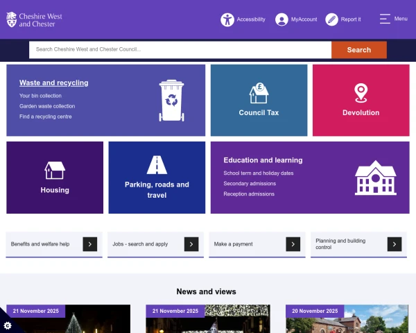 screenshot of Cheshire West and Chester Council website