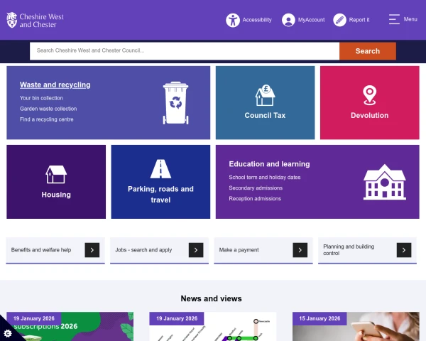 screenshot of Cheshire West and Chester Council website