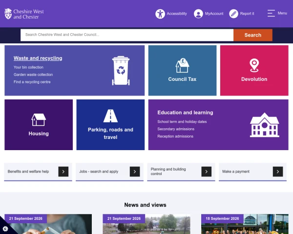 screenshot of Cheshire West and Chester Council website