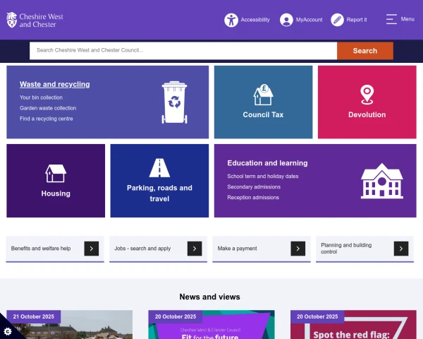 screenshot of Cheshire West and Chester Council website