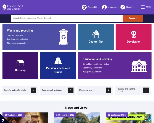 screenshot of Cheshire West and Chester Council website