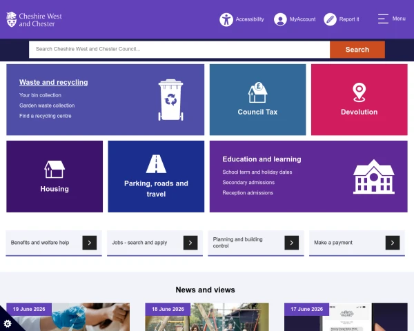 screenshot of Cheshire West and Chester Council website