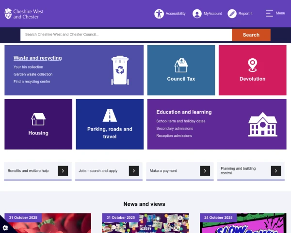 screenshot of Cheshire West and Chester Council website