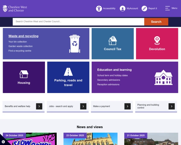 screenshot of Cheshire West and Chester Council website