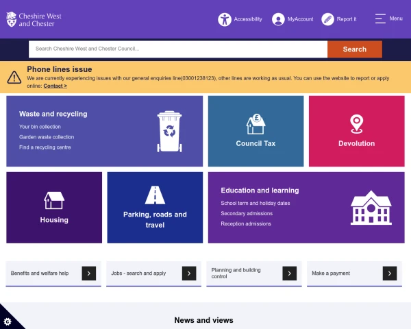 screenshot of Cheshire West and Chester Council website