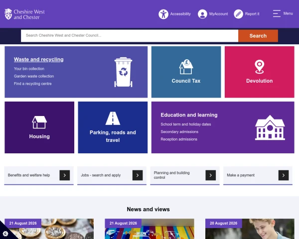 screenshot of Cheshire West and Chester Council website