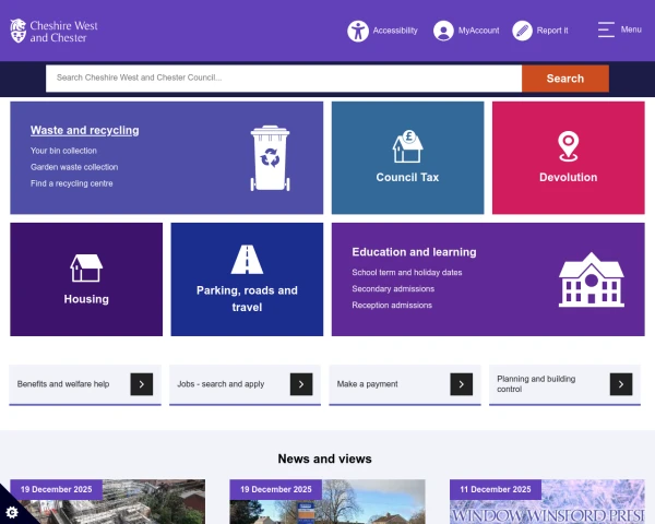 screenshot of Cheshire West and Chester Council website
