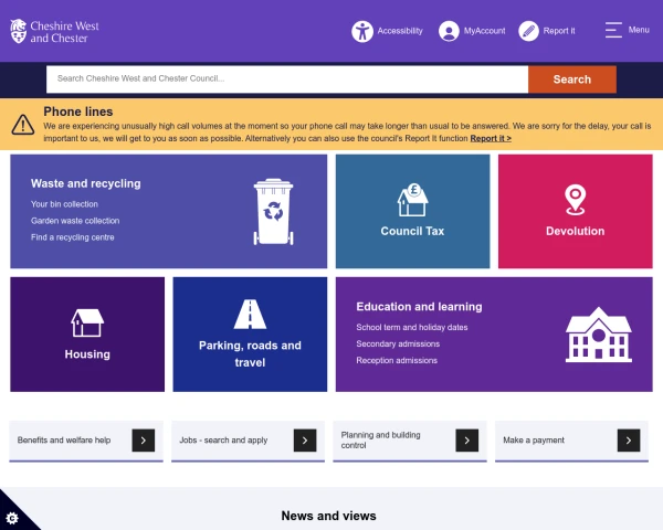 screenshot of Cheshire West and Chester Council website
