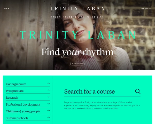 screenshot of Trinity Laban Conservatoire of Music and Dance website