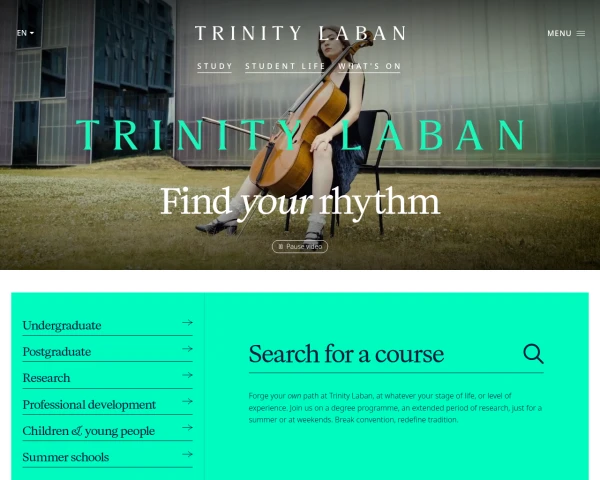 screenshot of Trinity Laban Conservatoire of Music and Dance website