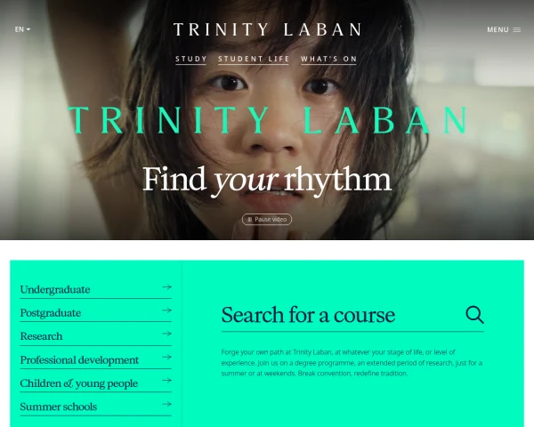 screenshot of Trinity Laban Conservatoire of Music and Dance website