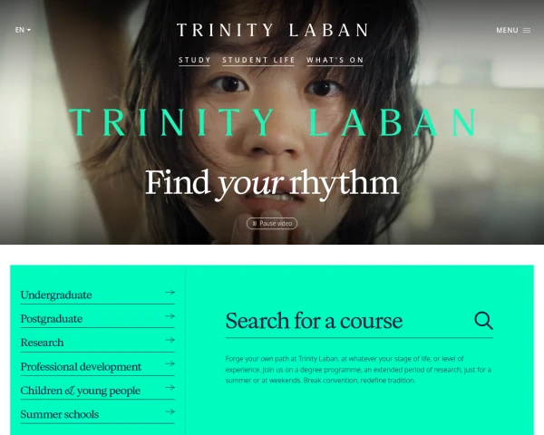 screenshot of Trinity Laban Conservatoire of Music and Dance website