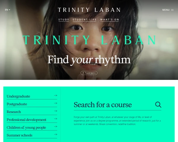 screenshot of Trinity Laban Conservatoire of Music and Dance website