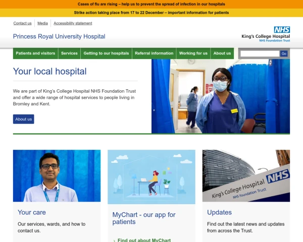 screenshot of Princess Royal University Hospital website